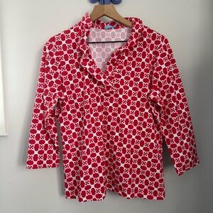 J.Mclaughlin XL Durham Geometric Top Red Pink Catalina Cloth Ruffle Neck Preppy
